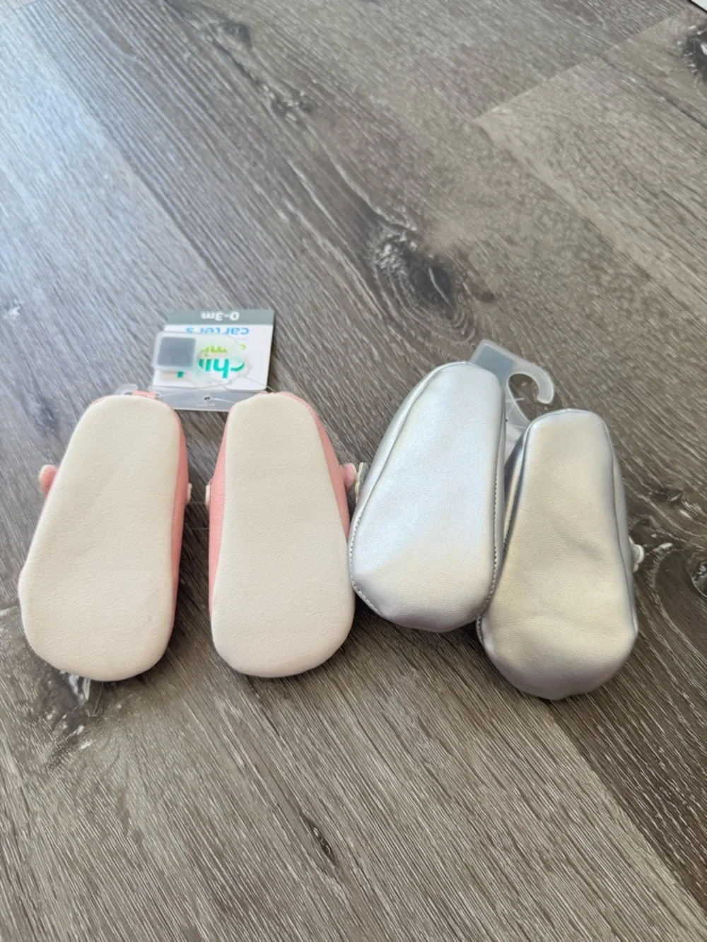 Carter's Child of Mine Baby Mary Jane Shoes 2 Pair Bundle Pink Silver 0-3 Months